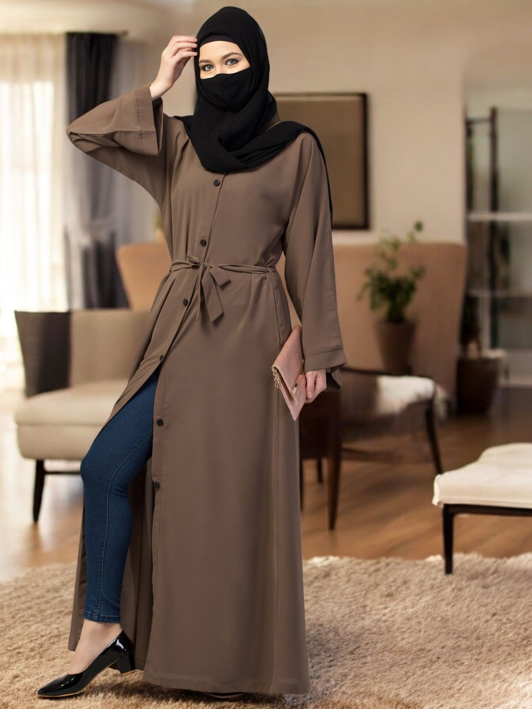 MUSHKIYA Women Solid Abaya With Kimono Sleeves & Belt Comes With Side Pockets