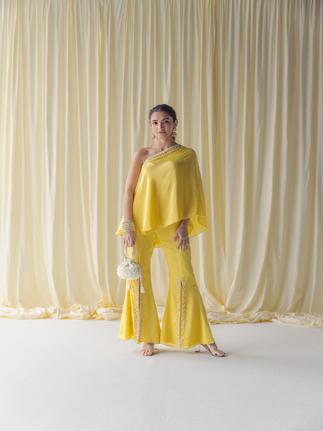 Label Naariti Embellished One Shoulder Long Sleeves Top With Trouser