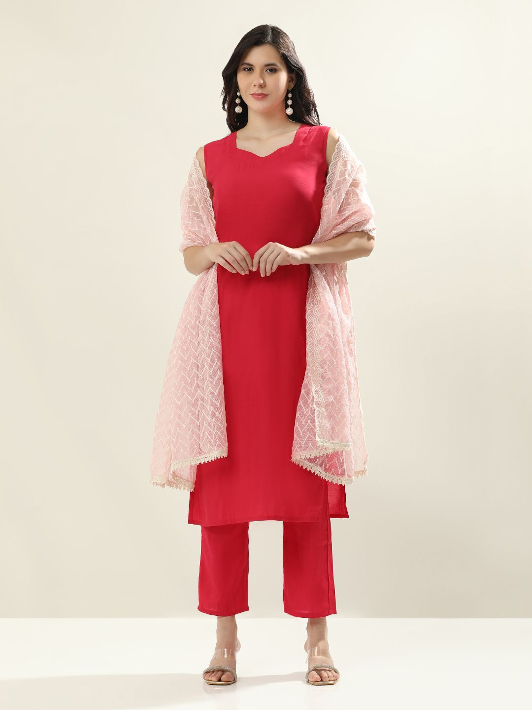Jaipur Kurti Sweetheart Neck Straight Kurta With Trousers & Dupatta
