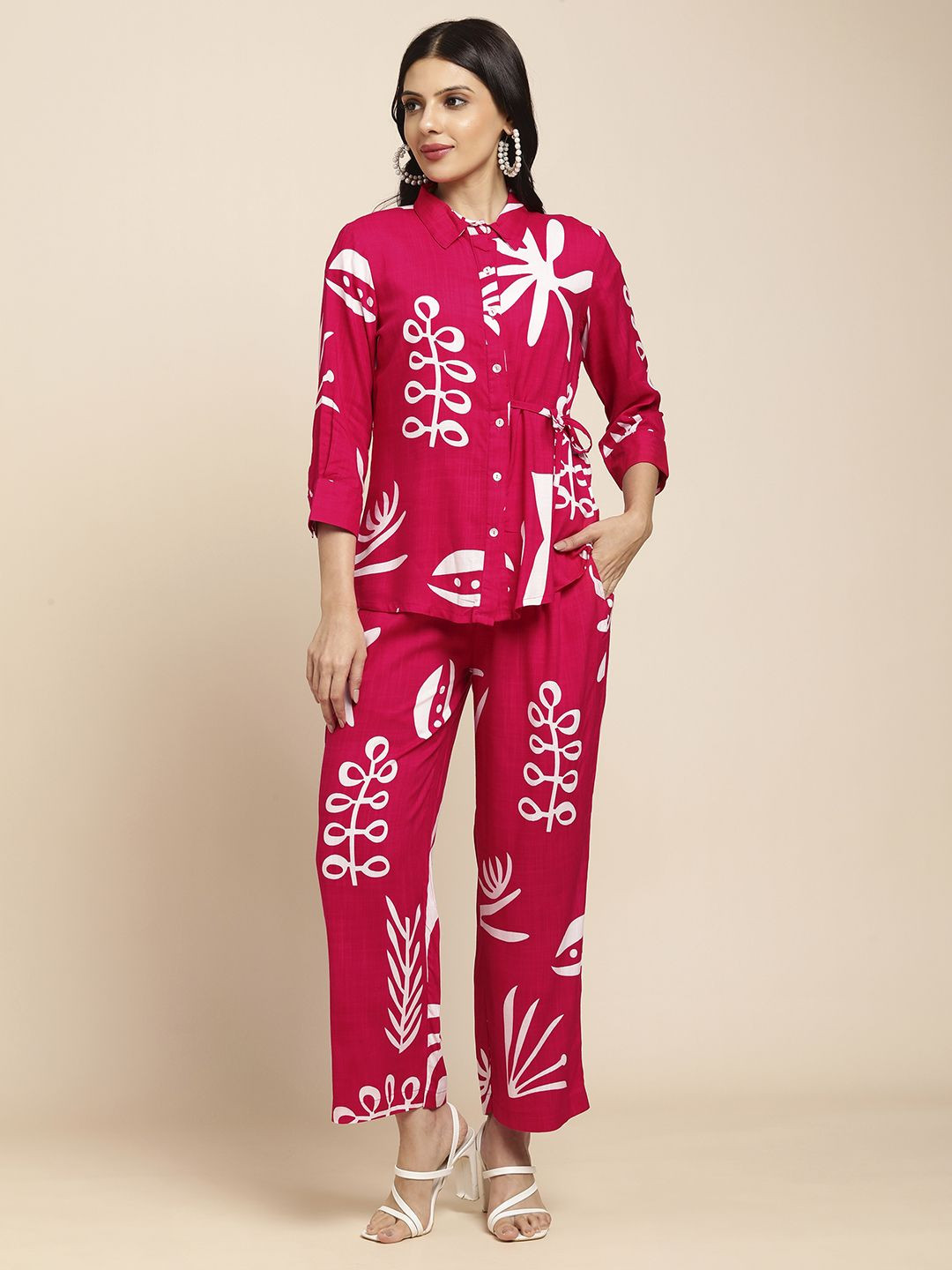 RATAN Tulip Floral Printed Shirt Collar Three-Quarter Sleeves Shirt With Palazzo