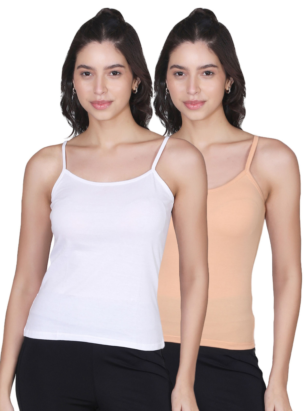 DChica Women Pack of 2 Non Padded Cotton White & Skin Solid Thin Strap Camisoles