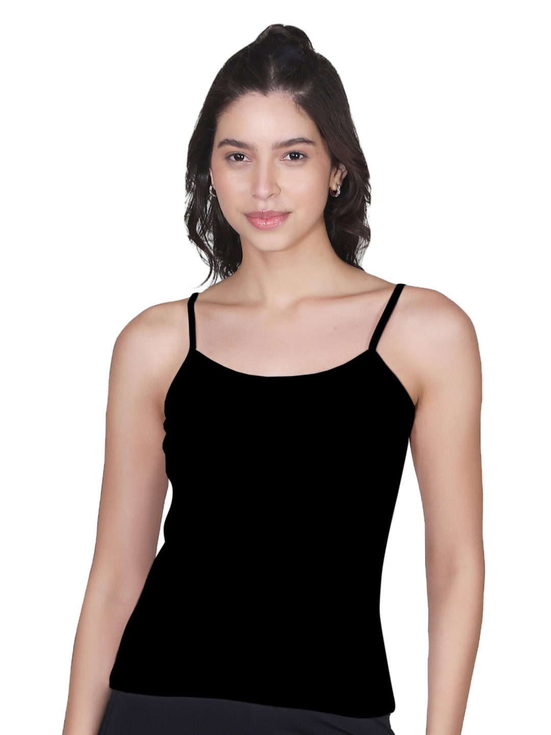 DChica Women Pack of 1 Non Padded Cotton Black Solid Thin Strap Camisoles