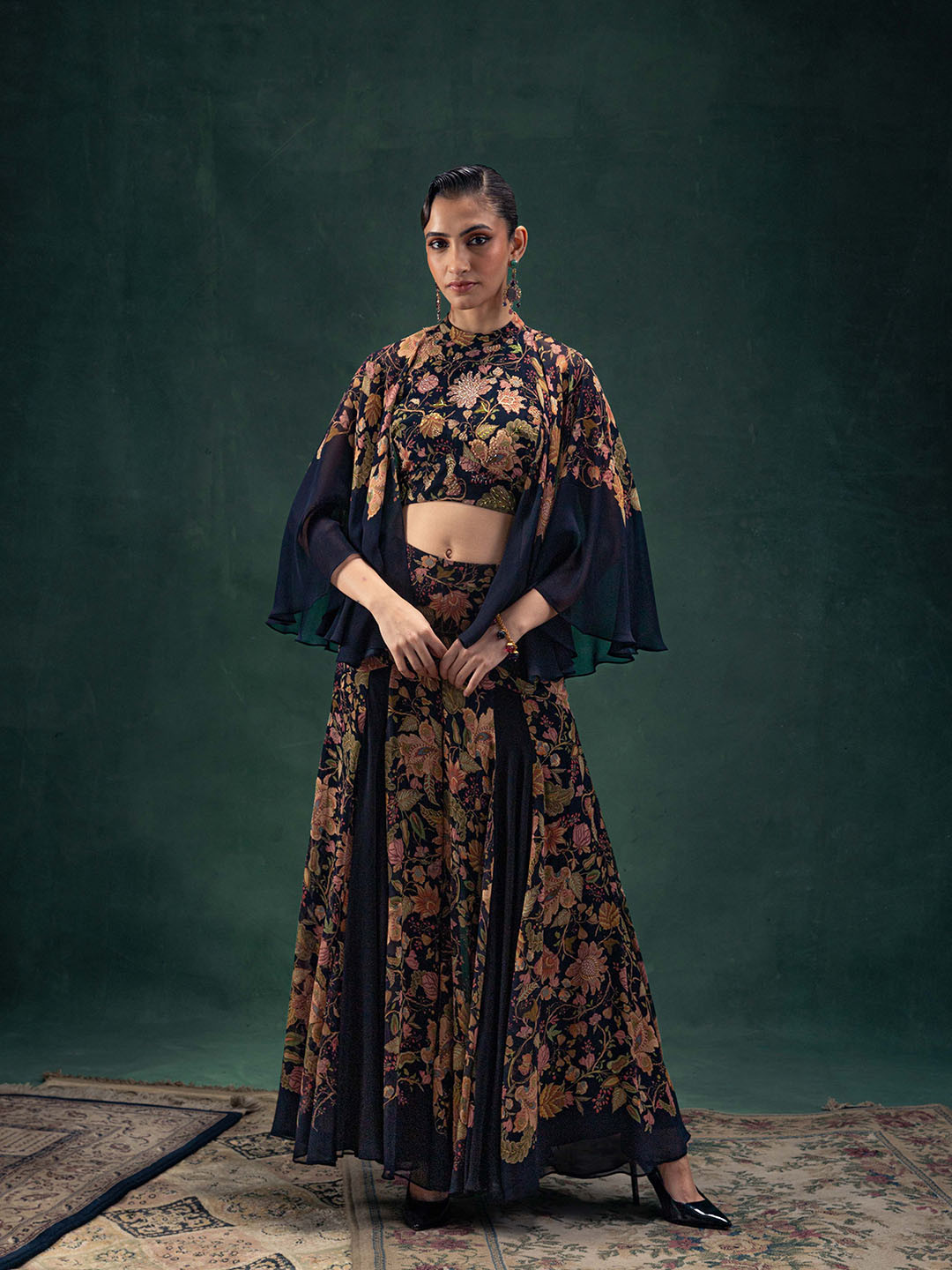 Label Naariti Printed High Neck Long Sleeves Top With Skirt