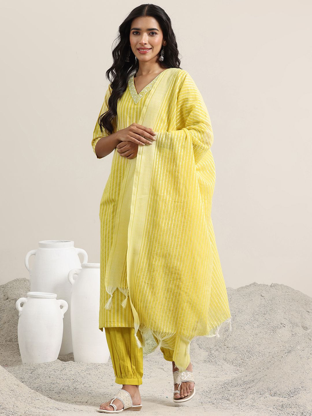 Libas Striped Woven Design Straight Kurta with Salwar & Dupatta