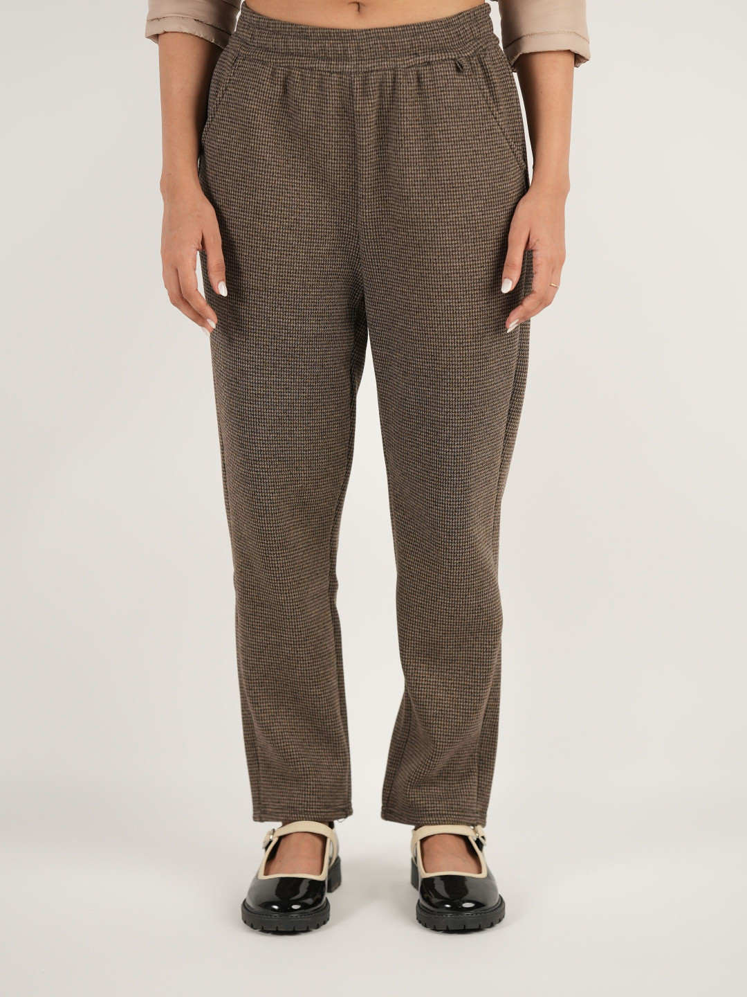 Theater Women Houndstooth Comfort Wear Brown Trousers