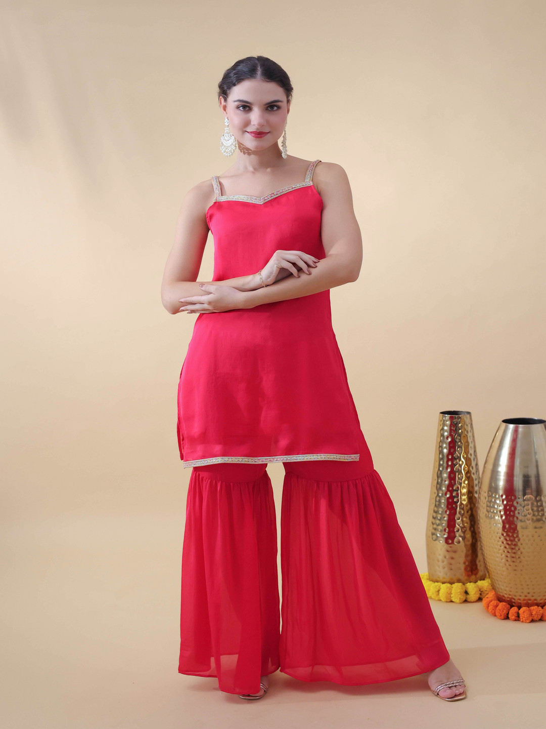 BEOM Crimson Charm Shoulder Strap Neck Sleeveless Tunic With Sharara