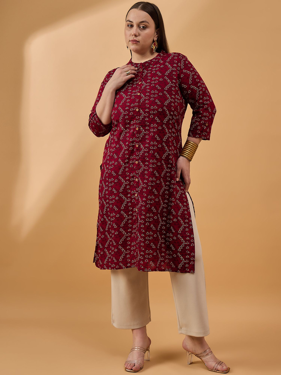 all about you Plus Size Geometric Printed Cotton Straight Kurta