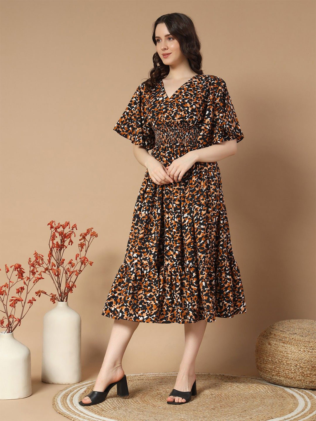 Raiyani Enterprise Print Bell Sleeve Crepe Fit & Flare Midi Dress