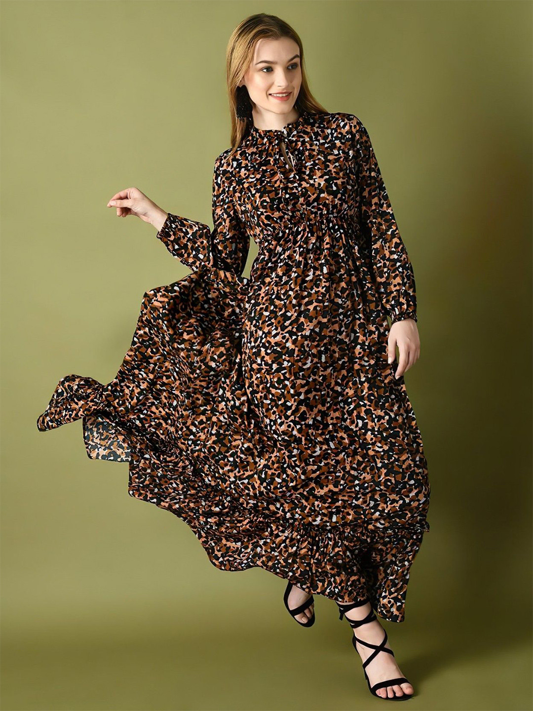 Krunal Raiyani Animal Or Skin Printed Tie-Up Neck Maxi Dress