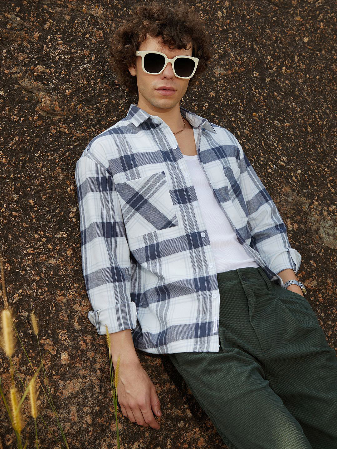 Campus Sutra Men Tartan Checked Spread Collar Shacket
