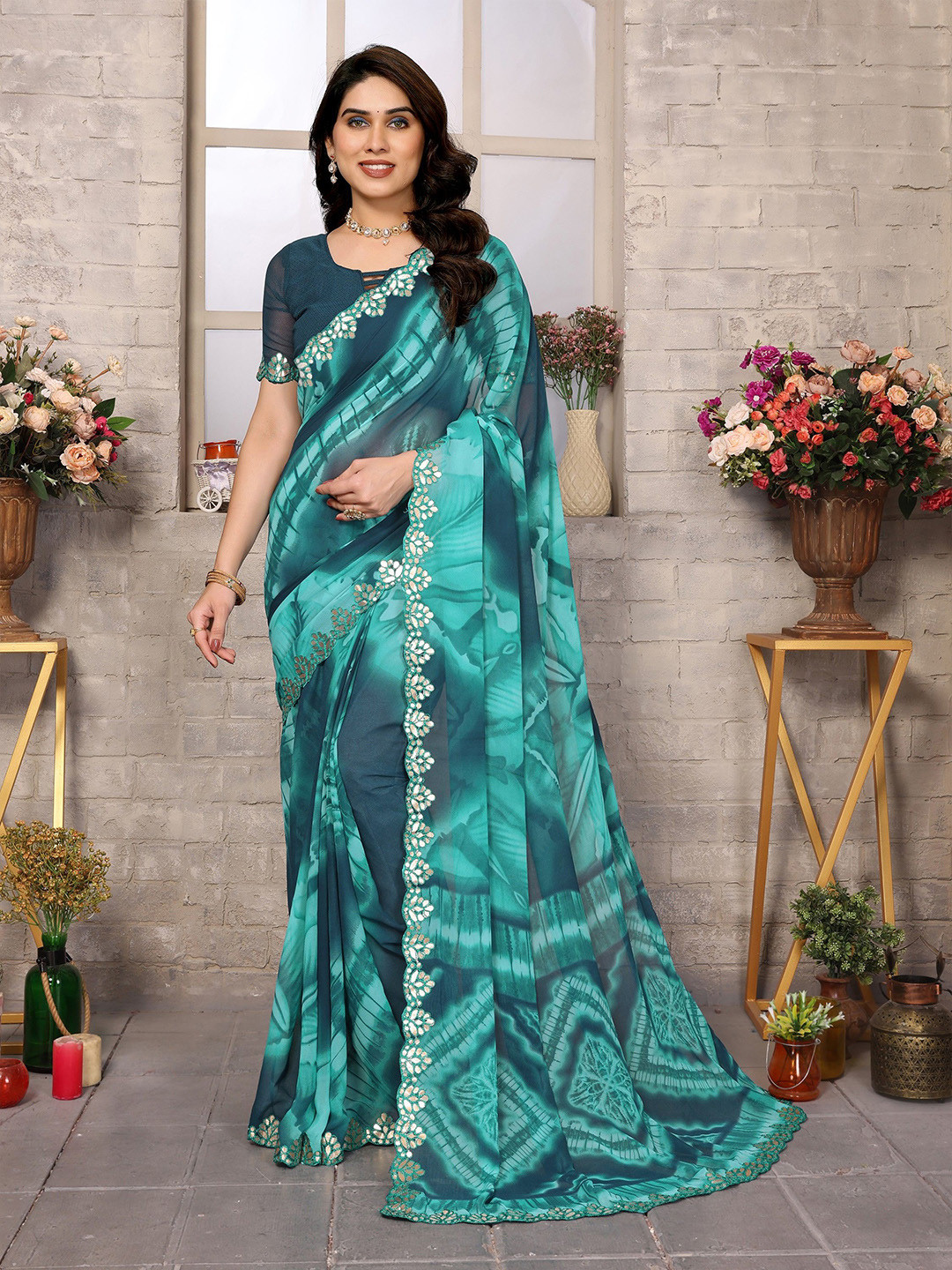 Ambuja International Tie and Dye Mirror Work Saree