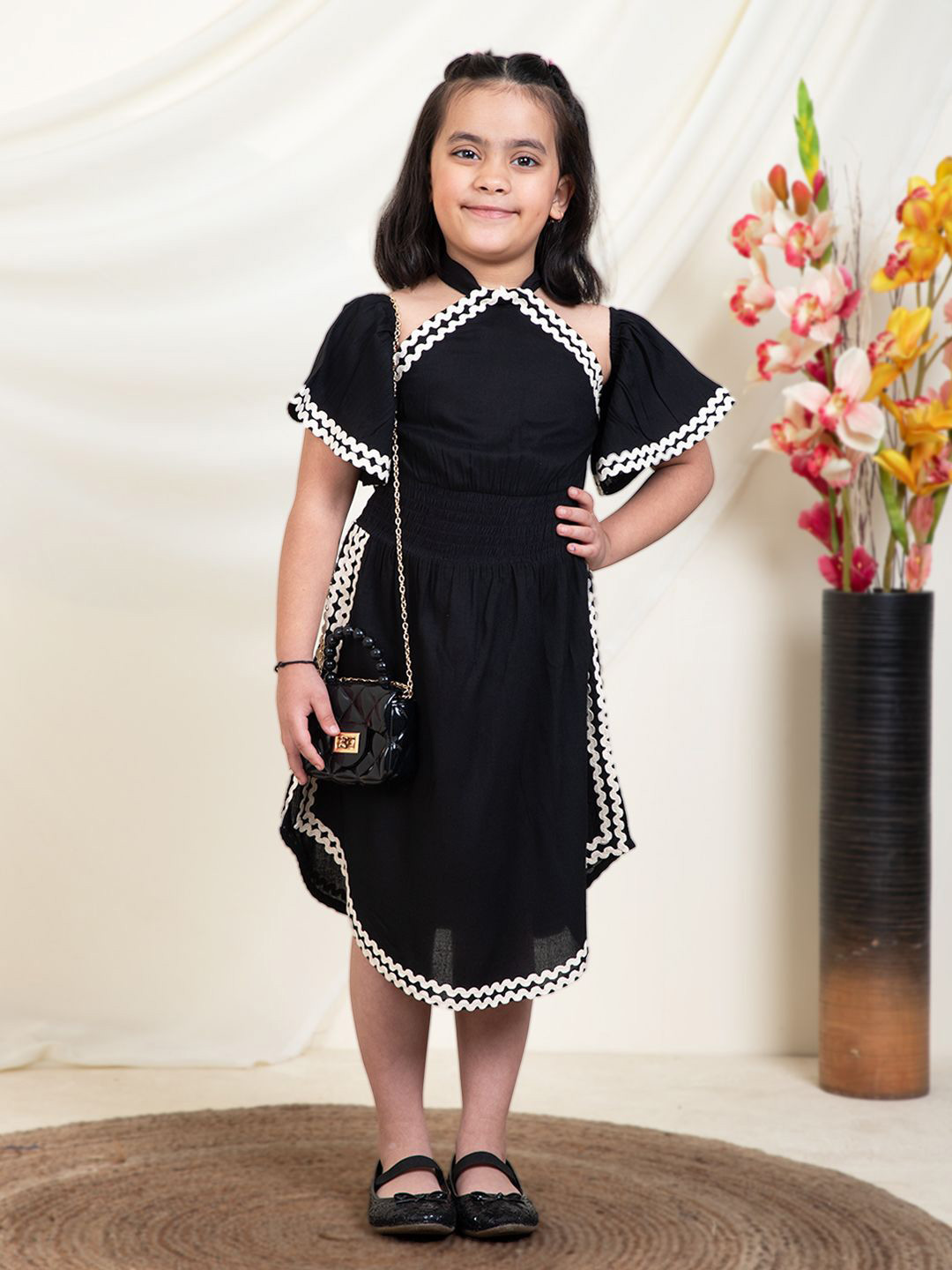 Bugandbees Girls Halter Neck Bell Sleeve Fit & Flare Midi Dress