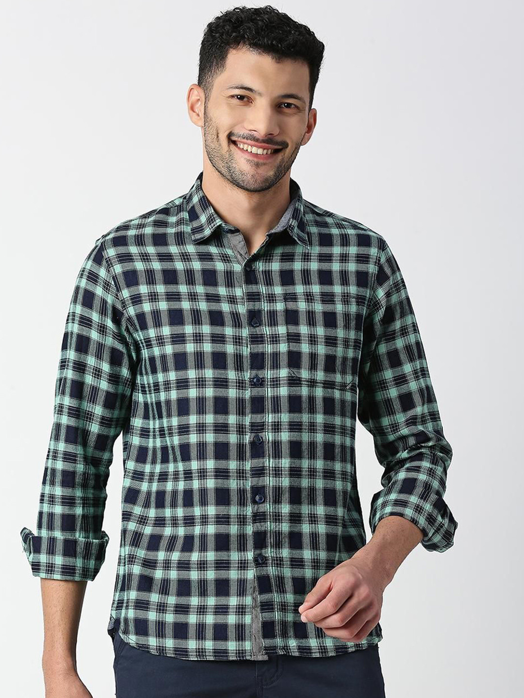SNX Men Spread Collar Tartan Checked Cotton Casual Shirt