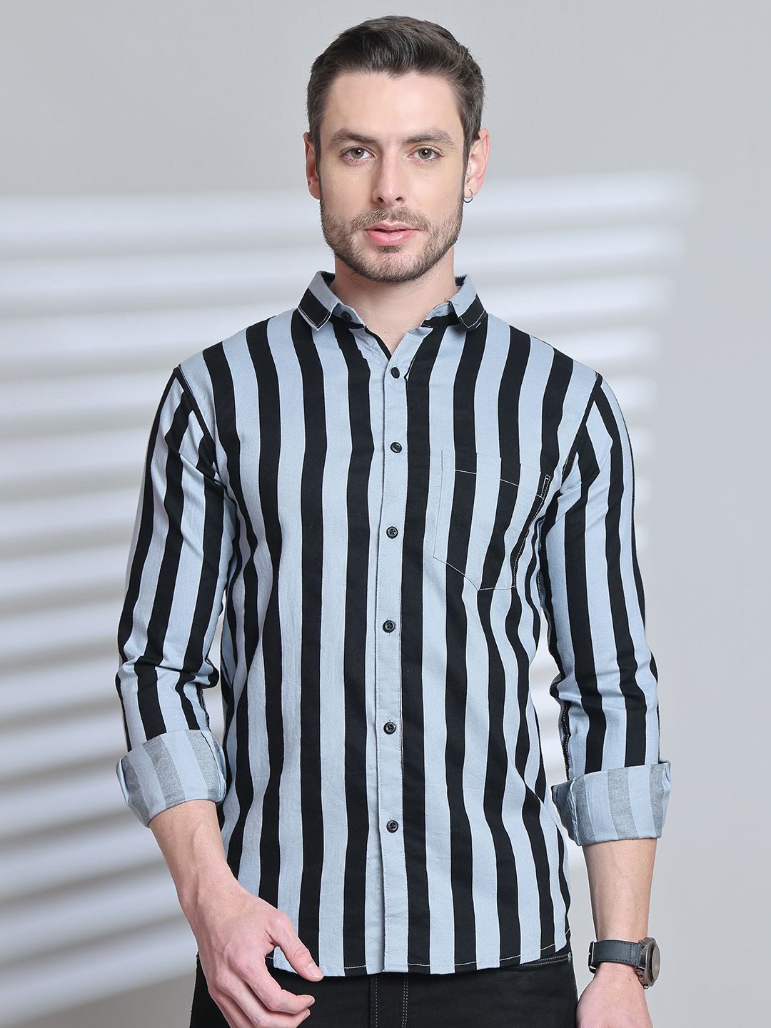 Majestic Man Comfort Slim Fit Spread Collar Vertical Striped Cotton Casual Shirt