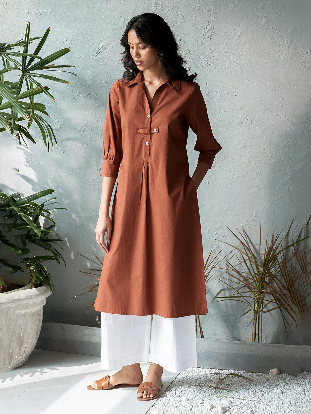 Canoopi Choco Bliss Shirt Collar Pure Cotton Tunic With Palazzo