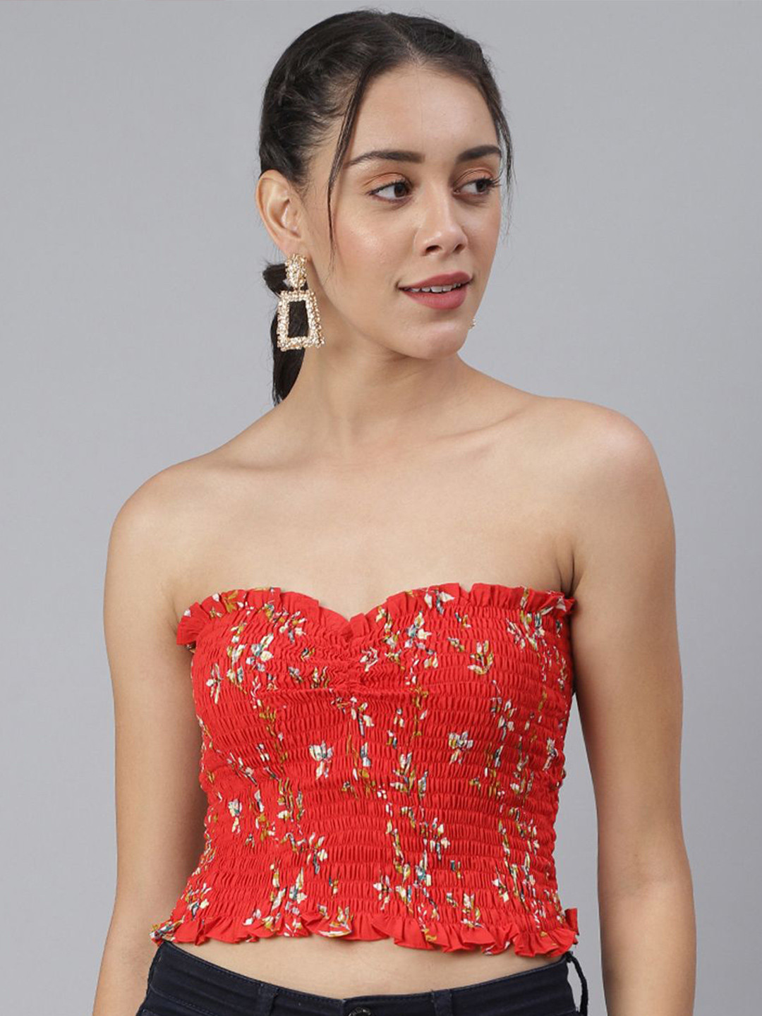 BAESD Women Floral Printed Crepe Smockd Tube Crop Top