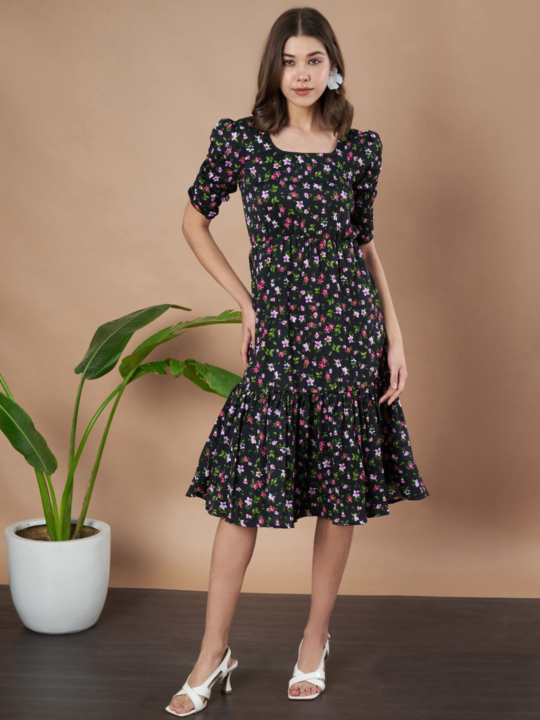 Womenster Floral Printed Pleated A-Line Dress