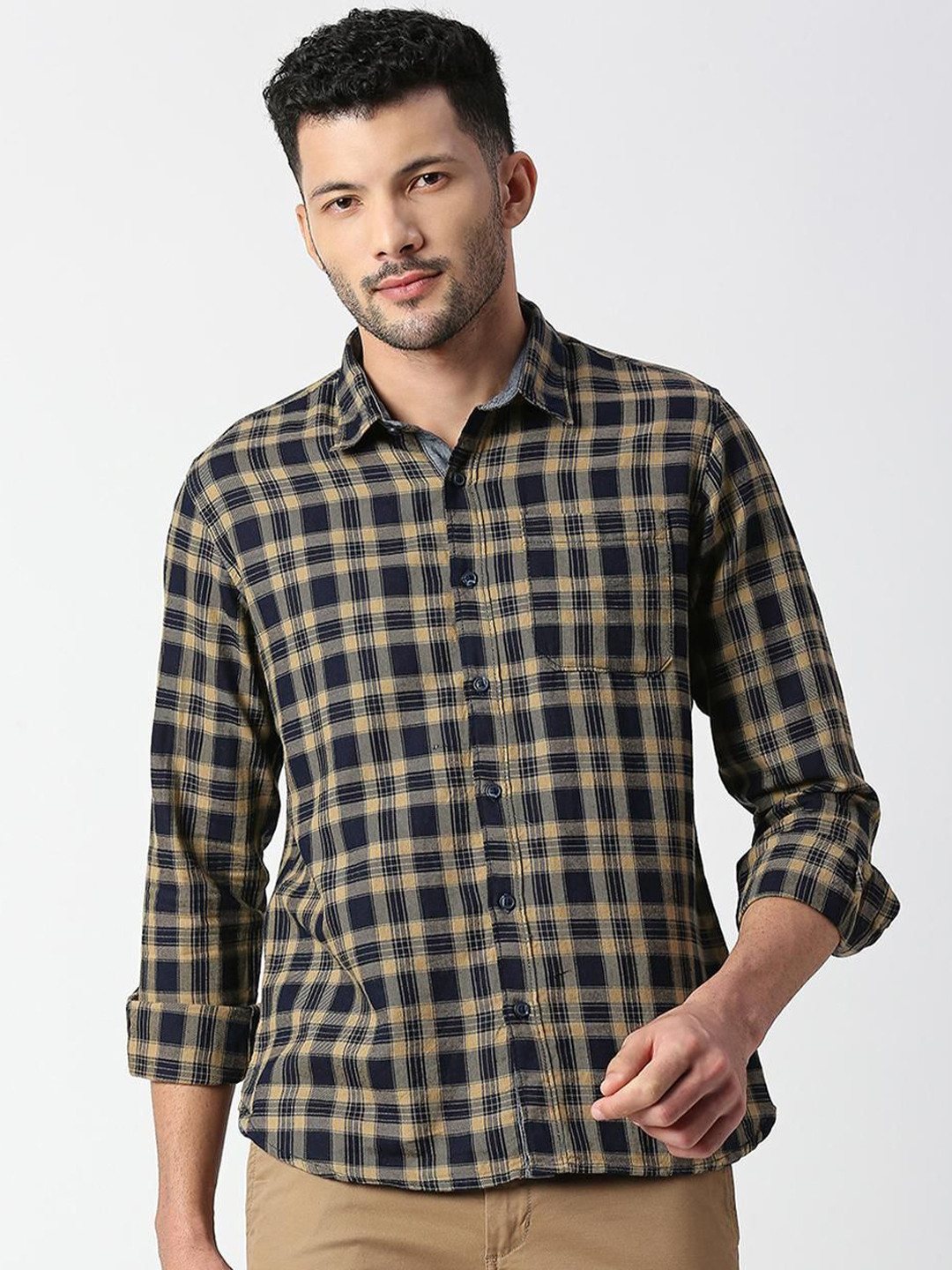 SNX Men Spread Collar Tartan Checked Cotton Casual Shirt