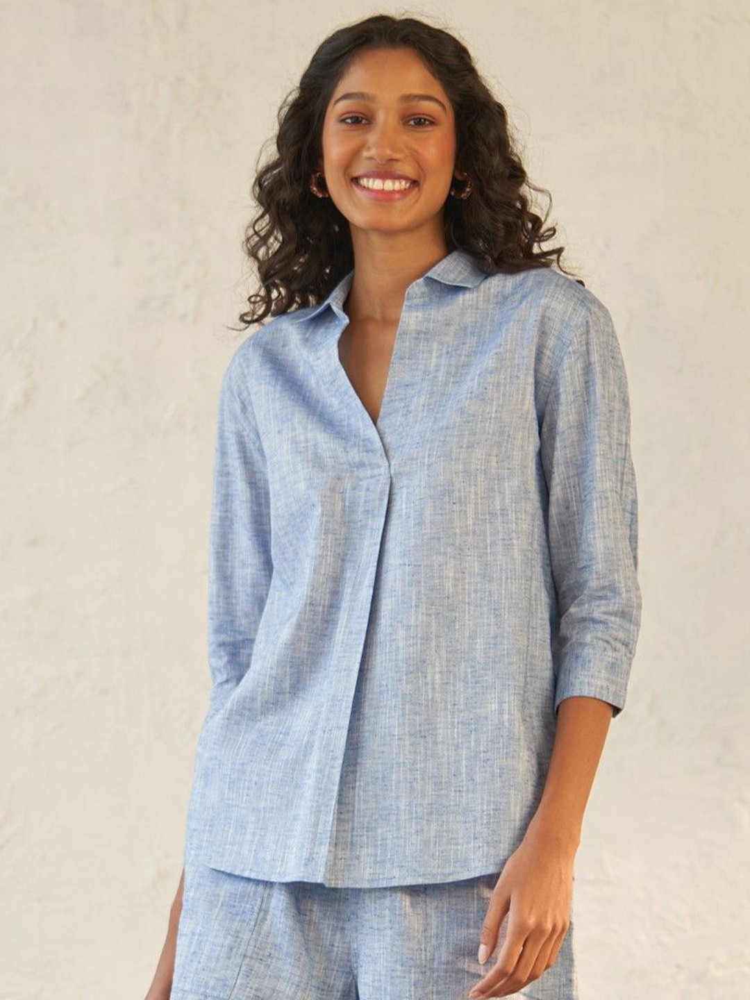 Canoopi Misty Shirt Collar Pure Cotton Top With Shorts