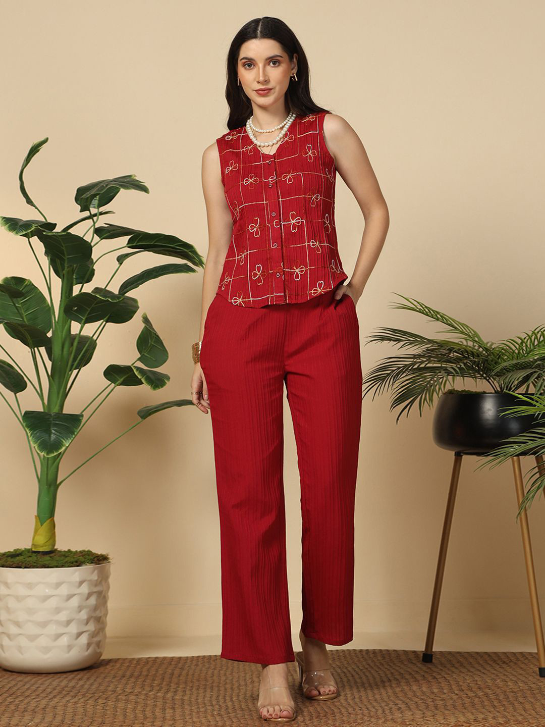 OMPAX Embroidered V-Neck Sleeveless Shirt With Trouser