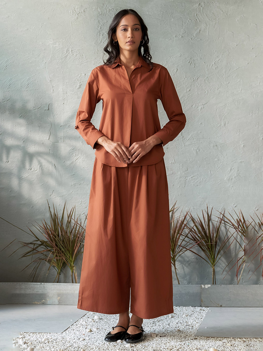 Canoopi Tiramisu Shirt Collar Pure Cotton Top With Palazzo