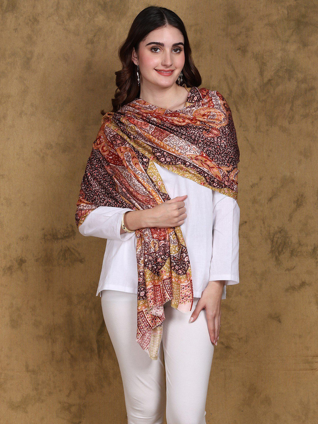 Exotic India Tri Color Printed Jamawar Stole  with Printed Paisleys