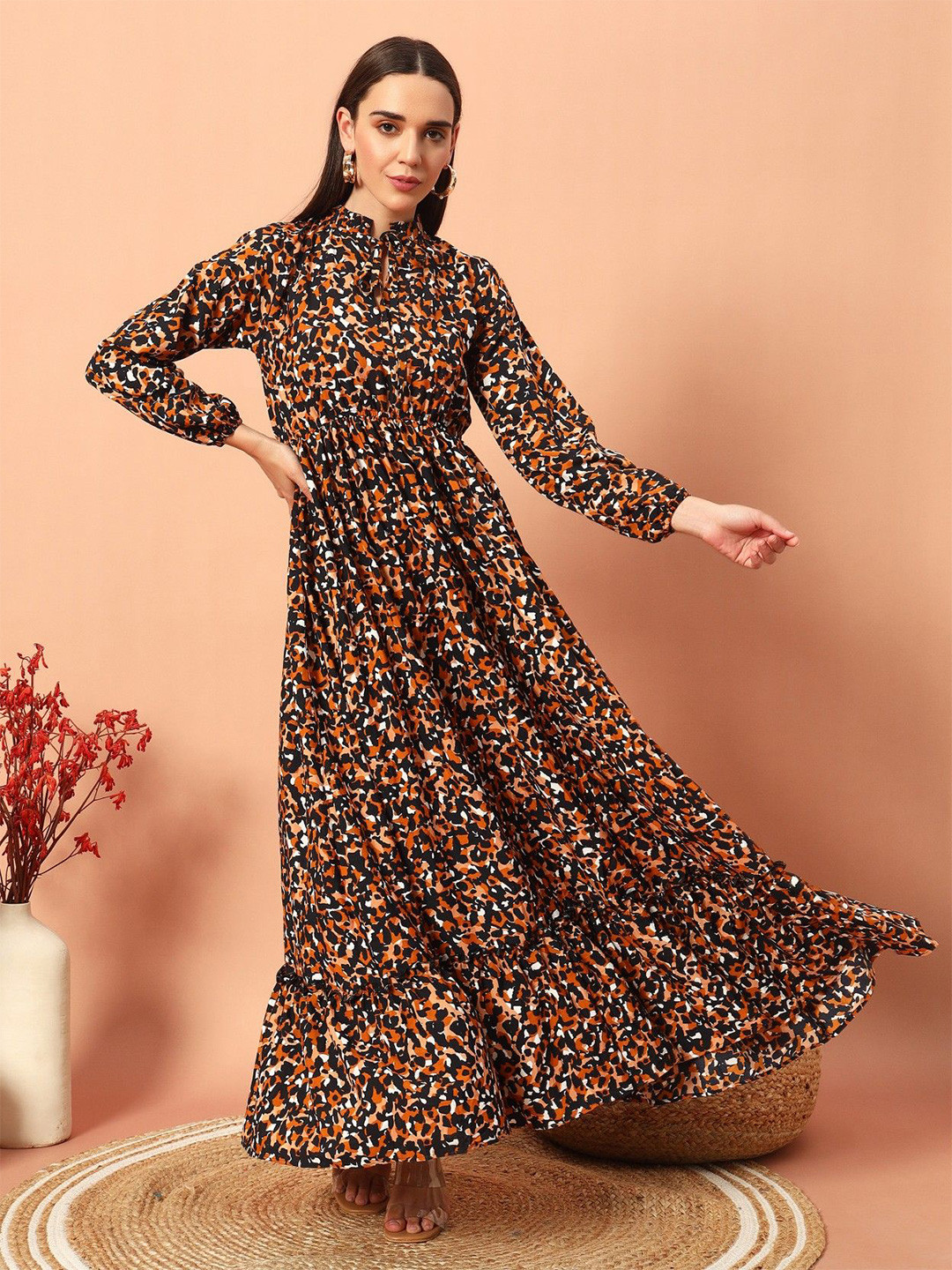 Krunal Raiyani Animal or Skin Printed Tie-Up Neck Tiered Maxi Dress