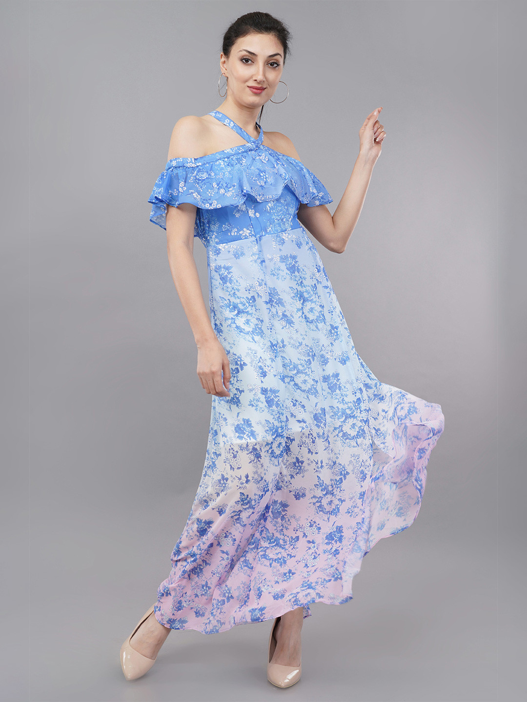 Avaasa Buy Shruthi Floral Printed Ombre Halter Neck Slits Liva A-Line Maxi Dress