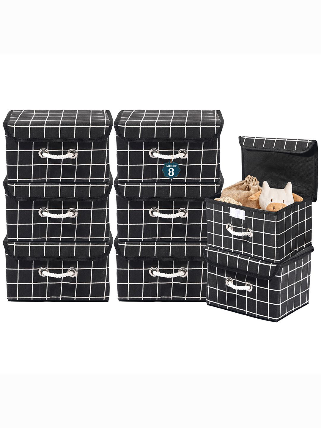 Kuber Industries Black Set of 8 Reusable Drawer Organiser Check Print Storage Basket