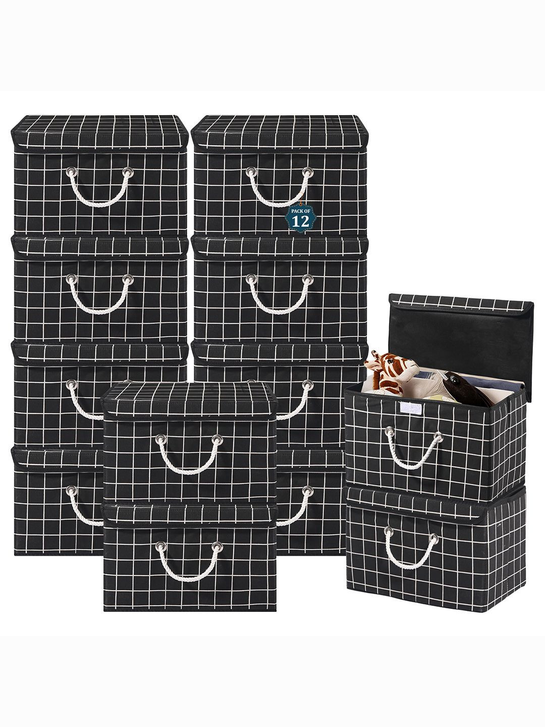 Kuber Industries Black Set of 12 Reusable Drawer Organiser Check Print Storage Basket