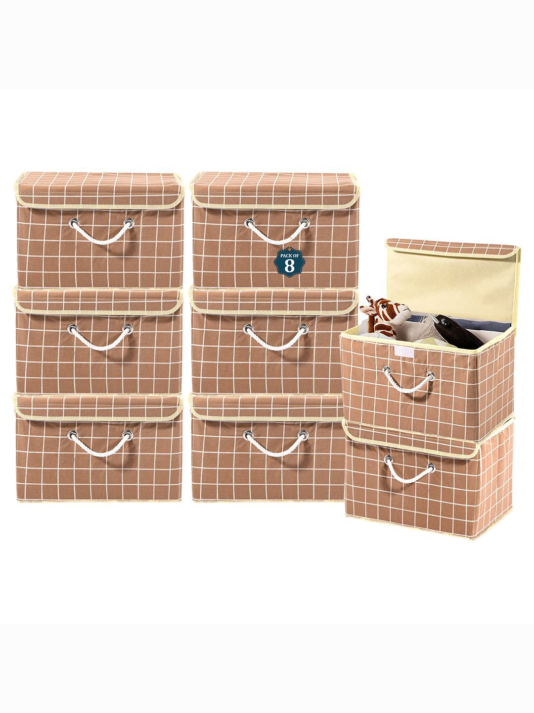 Kuber Industries Brown Set of 8 Reusable Drawer Organiser Check Print Storage Basket