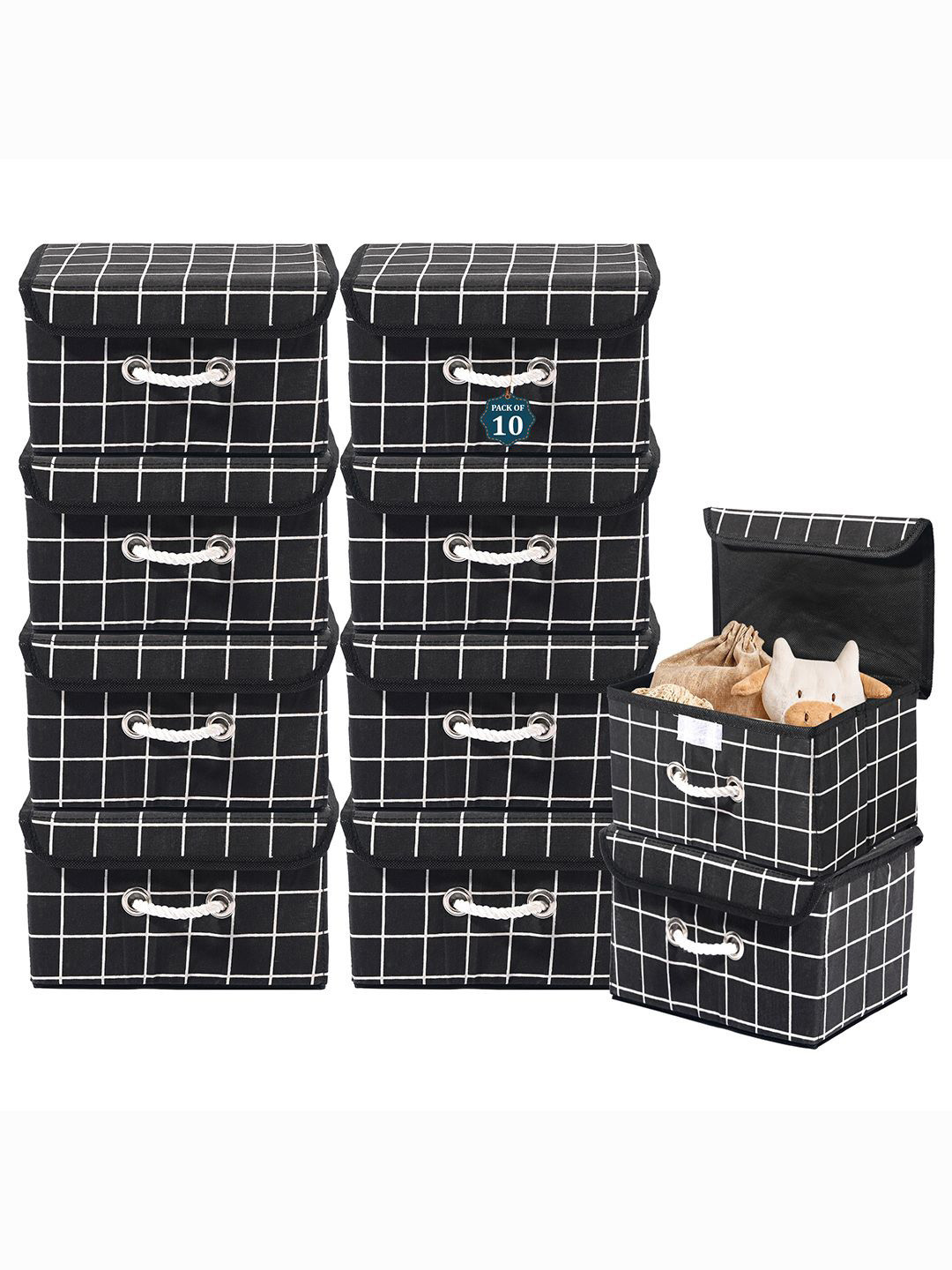 Kuber Industries Black Set of 10 Reusable Drawer Organiser Check Print Storage Basket