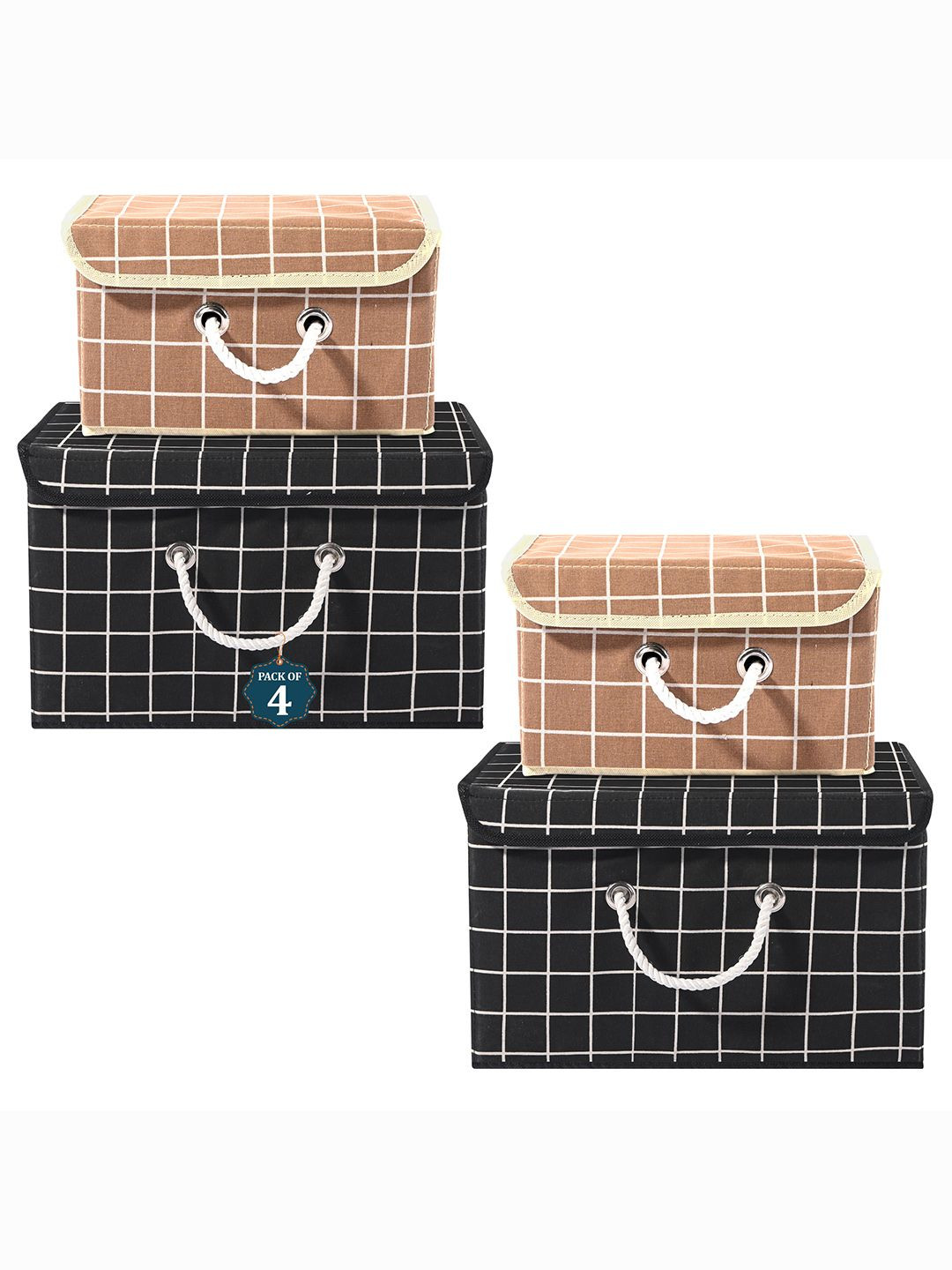 Kuber Industries Black Set of 4 Checked Cotton Reusable Drawer Organisers