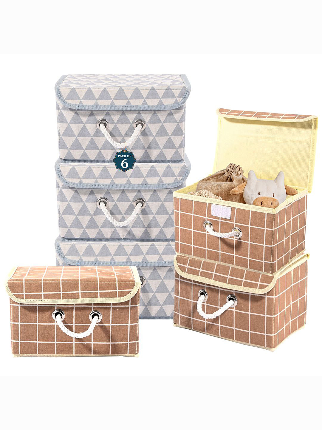 Kuber Industries Brown & Grey 6 Pieces Printed Cotton Foldable Drawer Organisers