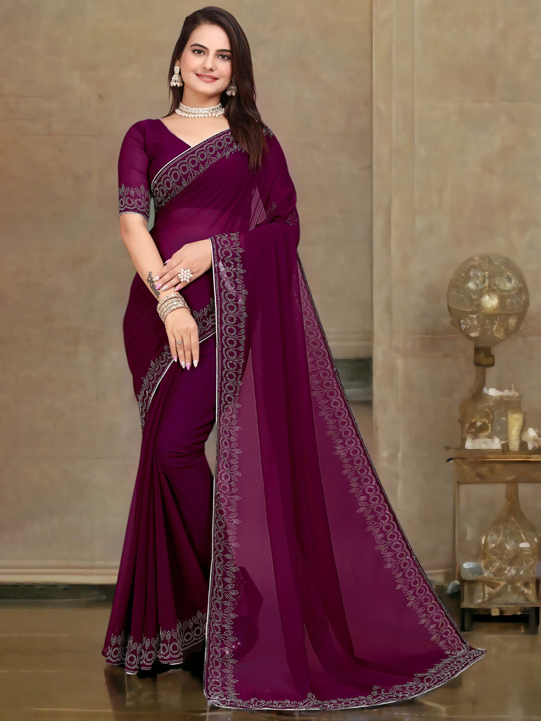 The Textile Hub Beads and Stones Pure Georgette Saree