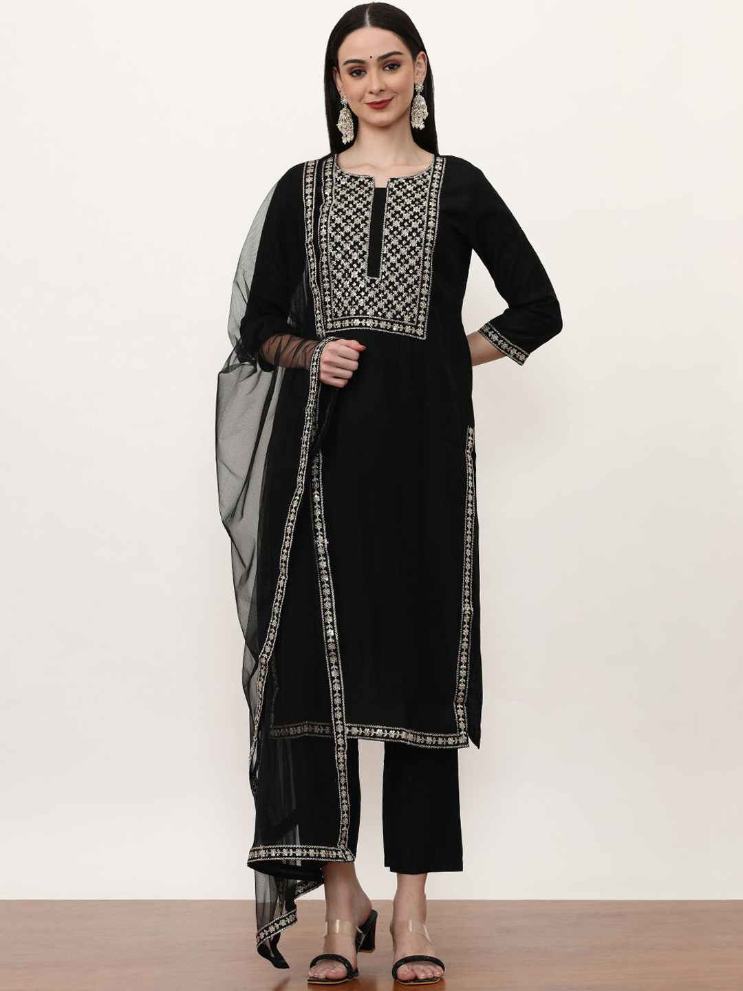 Jaipur Kurti Black Floral Embroidered Straight Kurta With Trousers & Dupatta