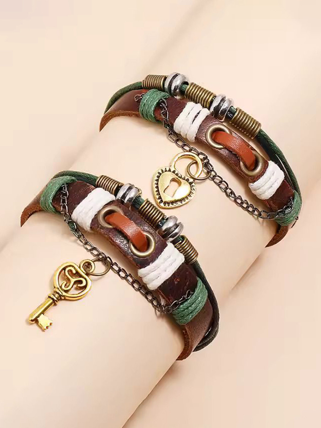 Fashion Frill Unisex Set Of 2 Leather Gold-Plated Multistrand Bracelets