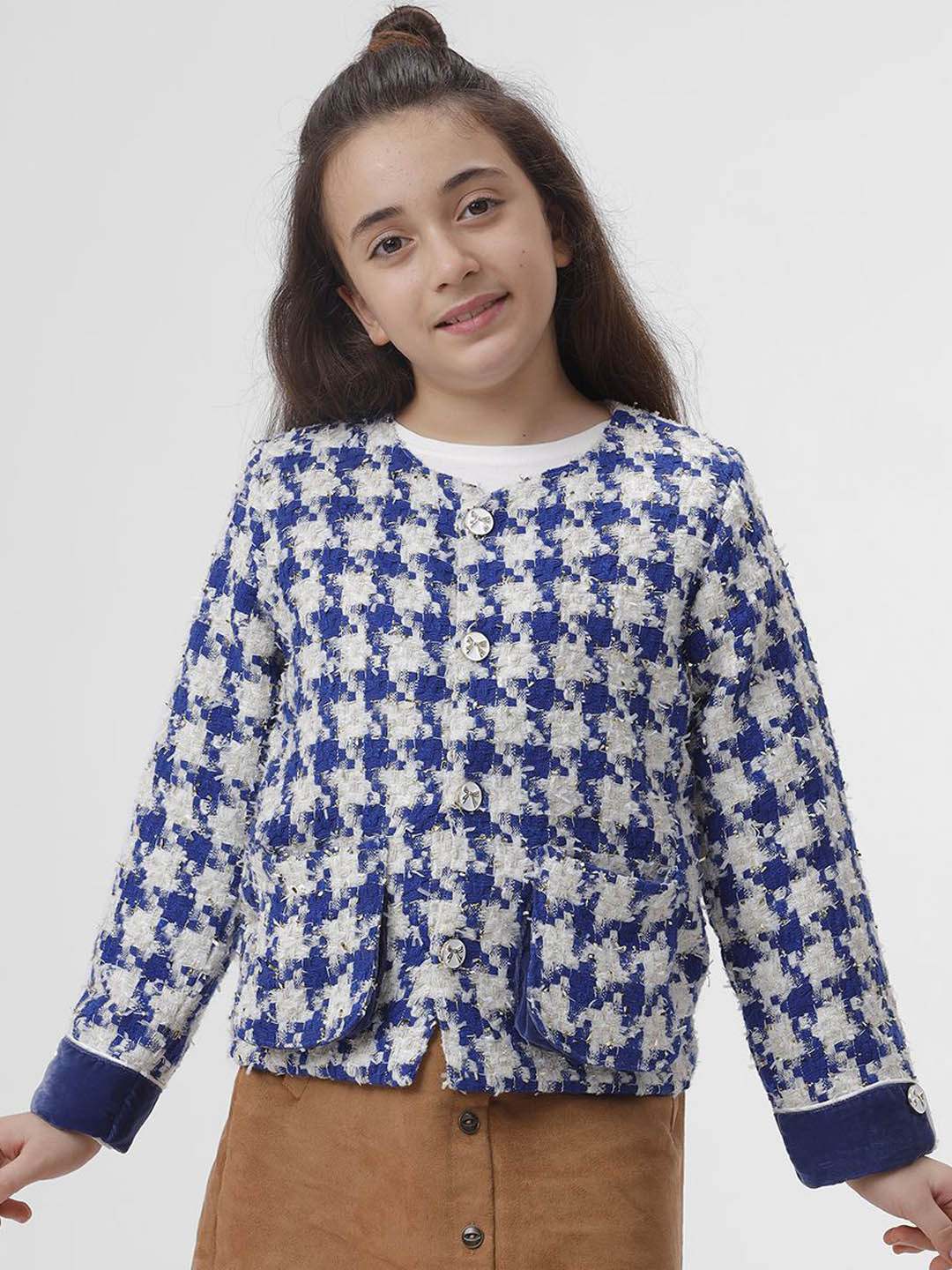 KATE & OSCAR Girls Houndstooth Open Front Jacket