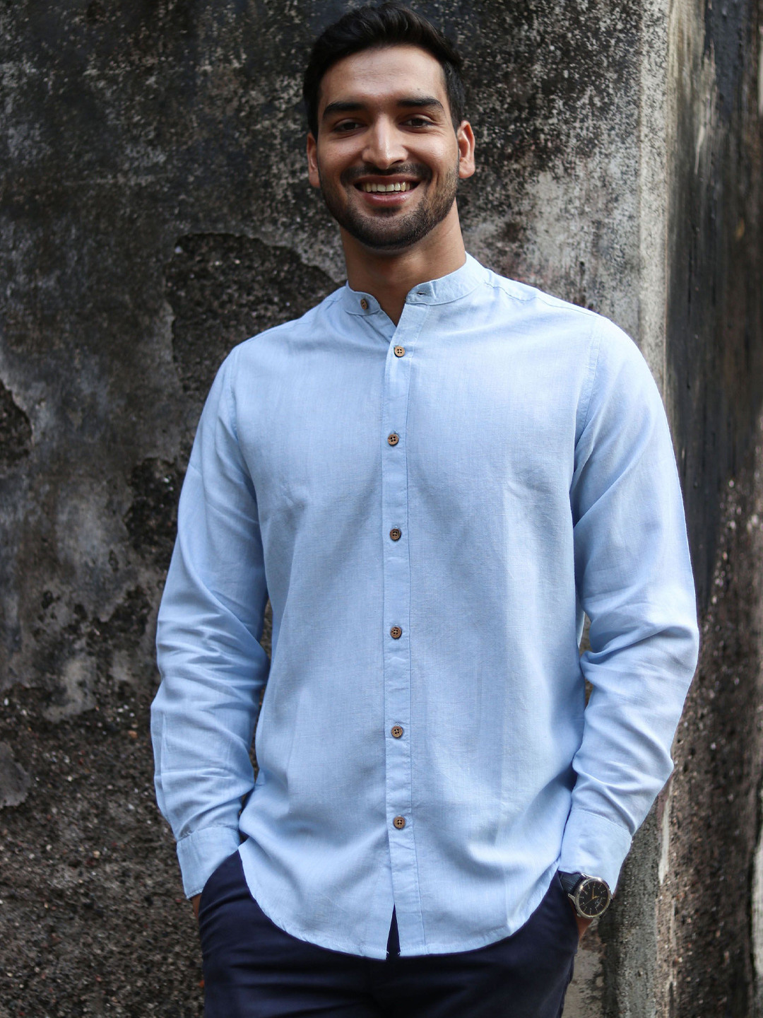 Earthy Route Men Comfort Band Collar Solid Casual Shirt