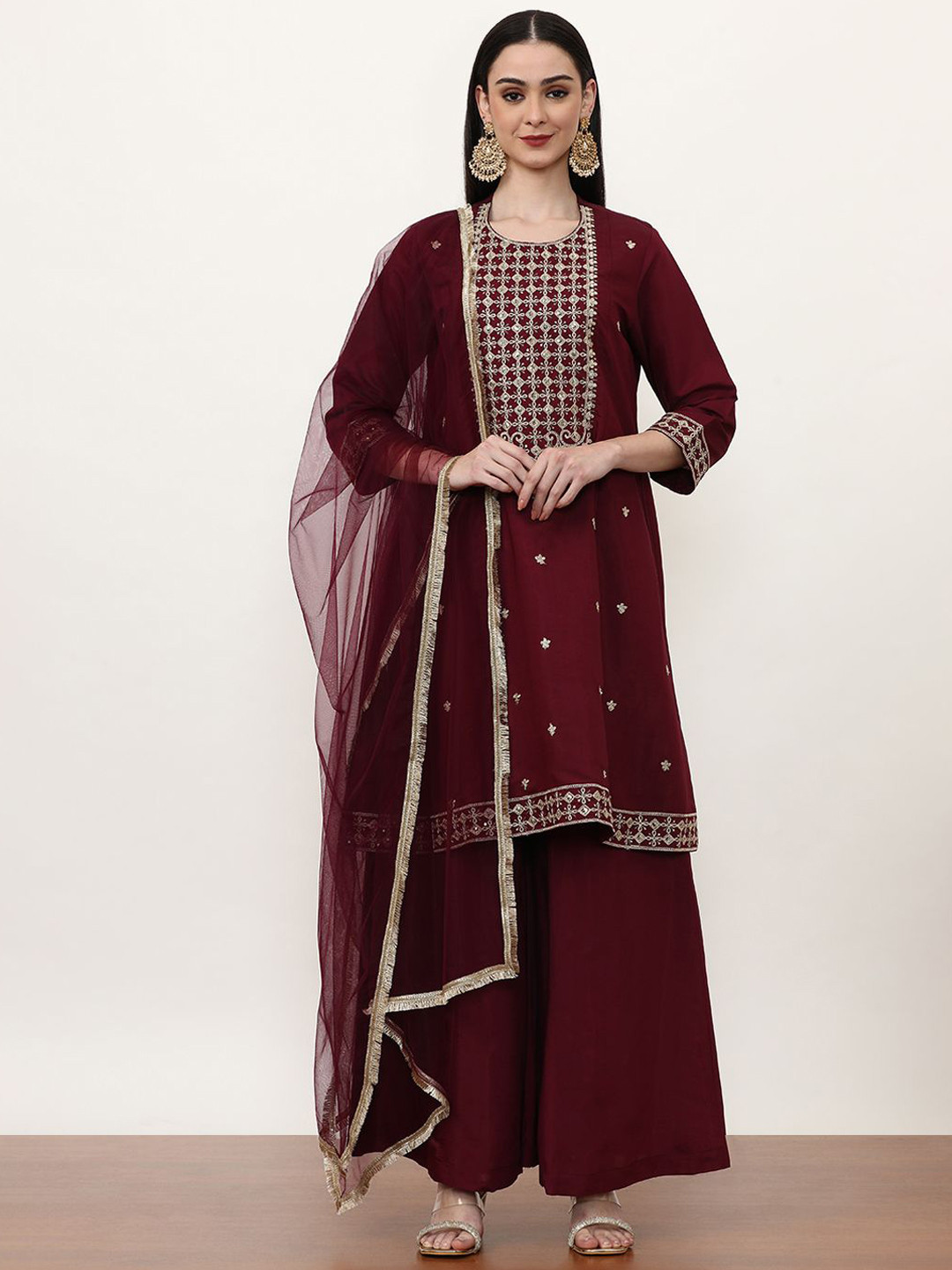 Jaipur Kurti Maroon Floral Embroidered Round Neck Straight Kurta With Sharara & Dupatta