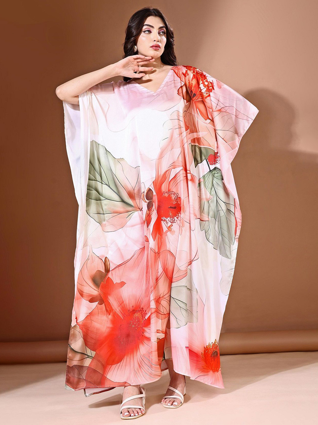 LABEL AARNA Scarlet Garden Soft Satin Kaftan with Digital Print
