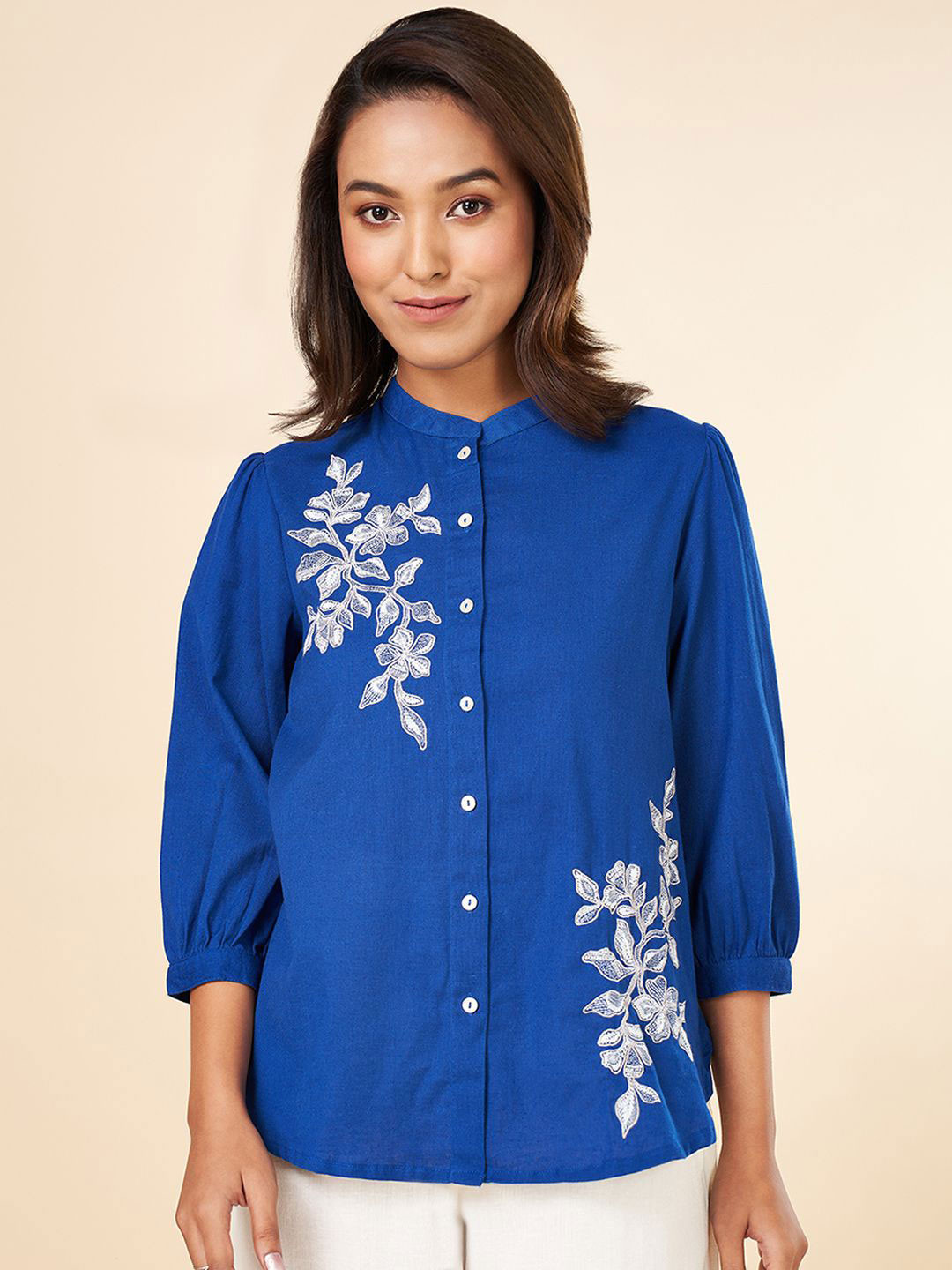 AKKRITI BY PANTALOONS Women Cotton Mandarin Collar Embroidered Tunic