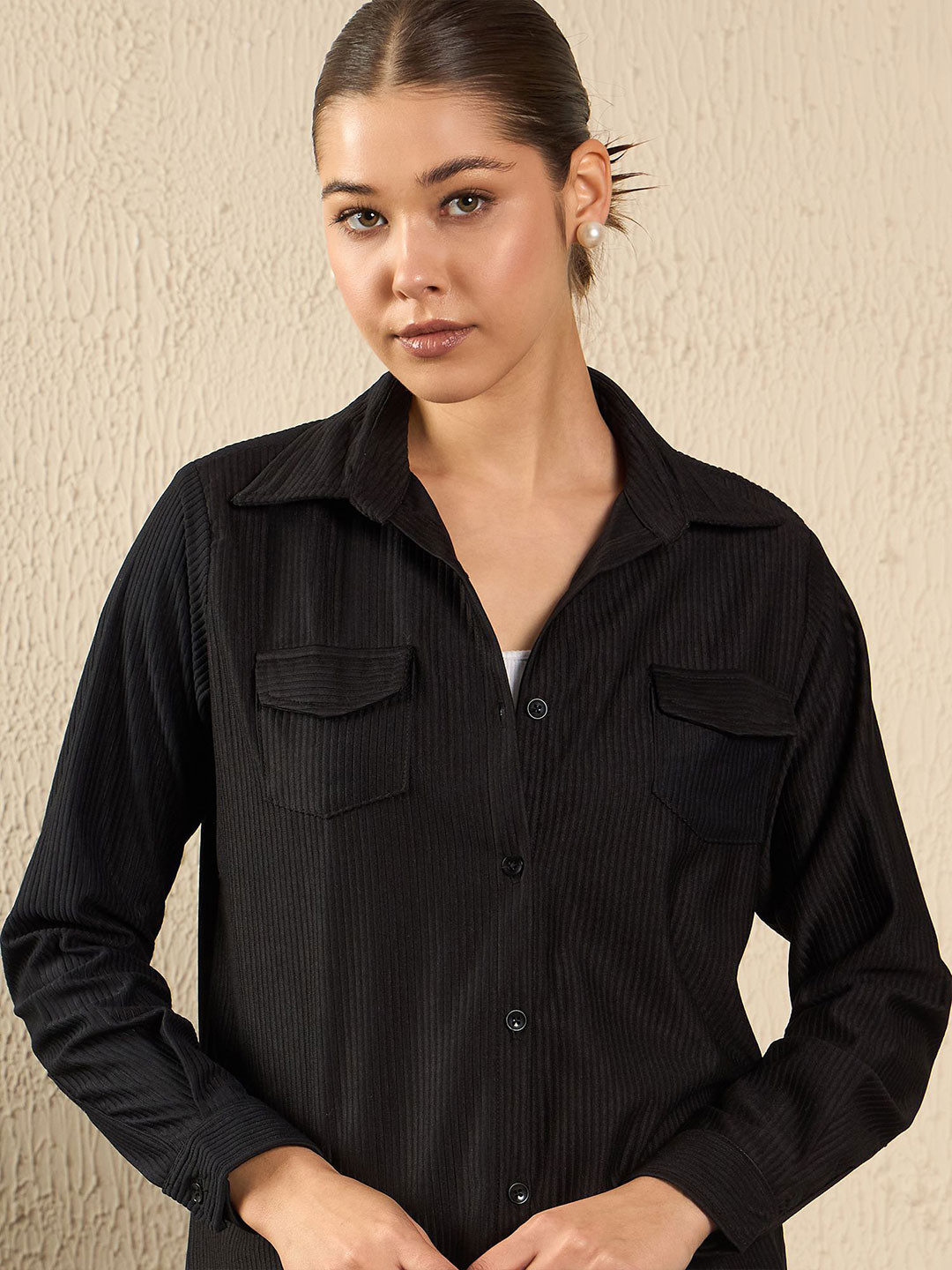 The Roadster Lifestyle Co Ribbed Spread Collar Long Sleeve Shirt