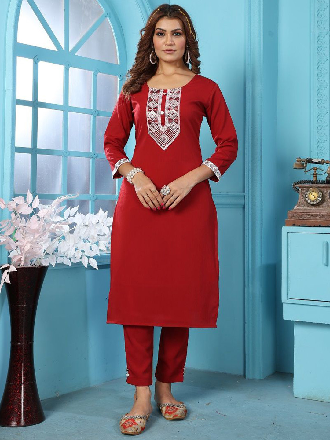 S.K.C Floral Embroidered Round Neck Three-Quarter Sleeves Kurta With Trouser