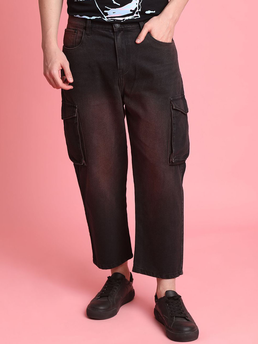 Bene Kleed Men Loose Cropped Rust Tinted Wide Leg  Jeans