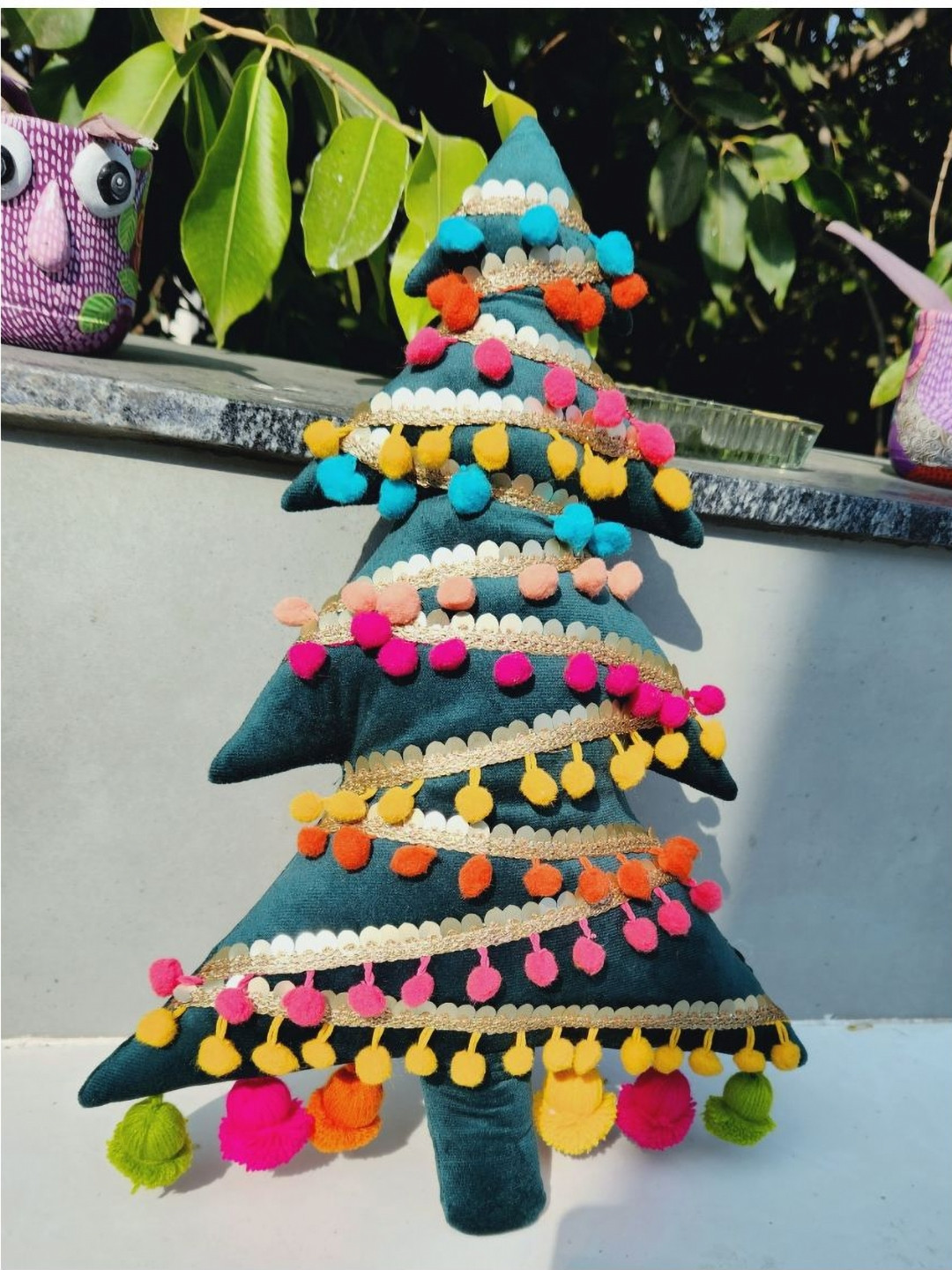 THROWPILLOW Green Velvet Washable Embellished Tree Shape Cushion Cover -14x14In