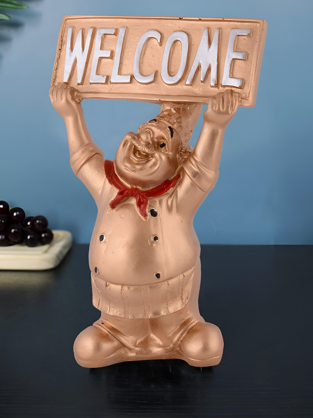 Zart Chef Welcome Sign Gold Polyresin Natural Living Room Small Showpiece - 7.5 Inches