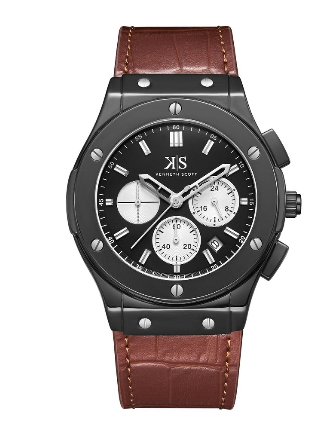 KENNETH SCOTT Men Embellished Leather Straps Analogue Multi Function Watch K24115-BLDB