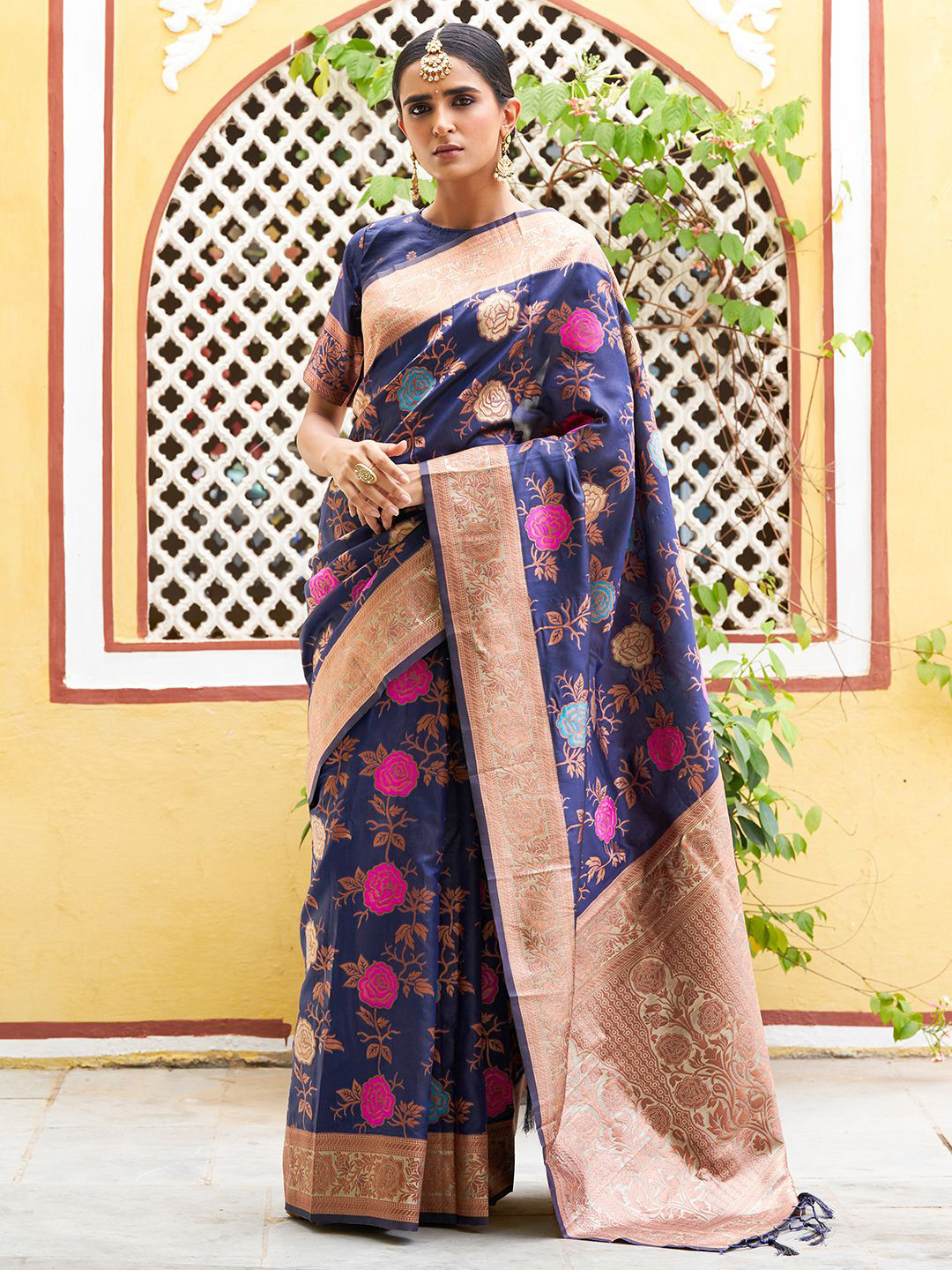 KALINI  Navy Blue Banarasi Silk Floral Saree with Unstitched Blouse Piece