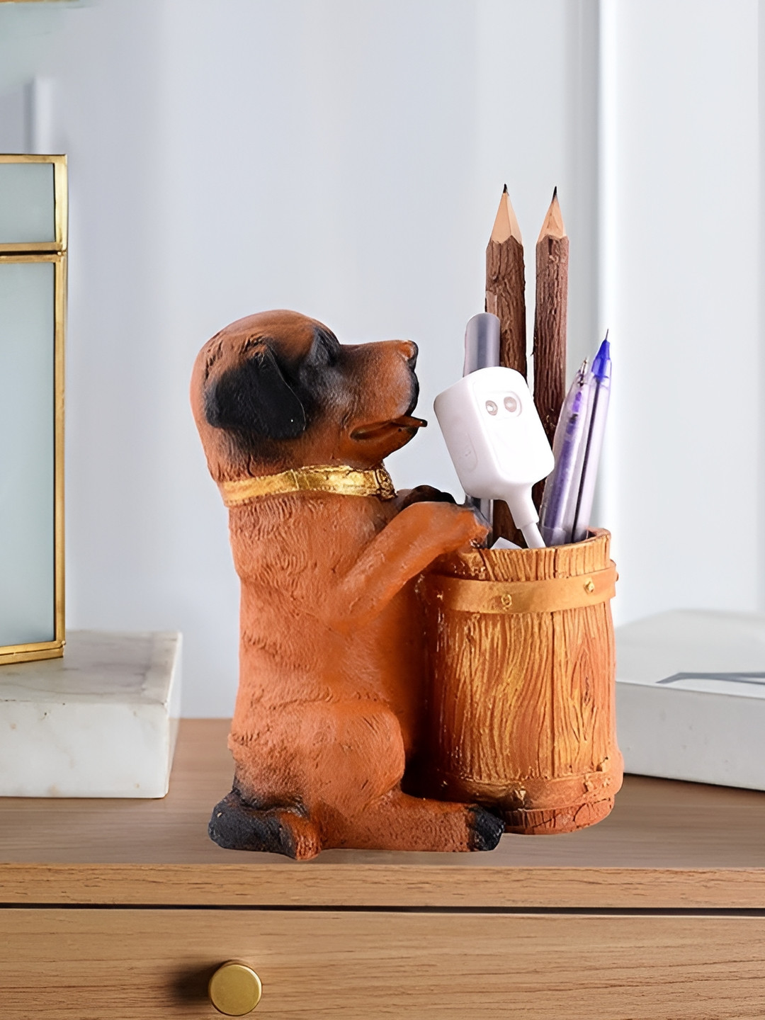 Zart Dog Shaped Pen Stand Brown Polyresin Matte Living Room Small Showpiece - 6 Inches